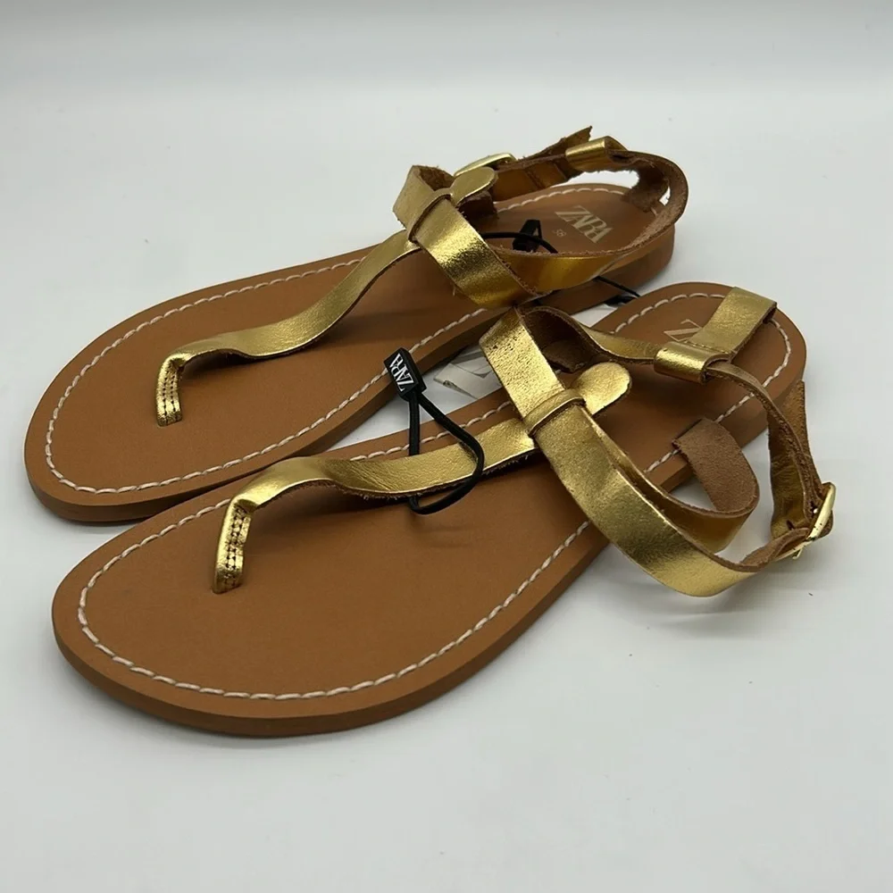 ZARA Gold Leather Flat Sandals Size 6 EU 36 NWT Leather Upper, Rubber Sole - Picture 5 of 10